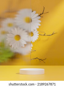 Yellow Podium Stand On Sunflower Background For Product Placement 3d Render  