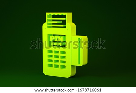 Yellow POS terminal with inserted credit card and printed reciept icon isolated on green background. NFC payment concept. Minimalism concept. 3d illustration 3D render