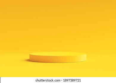 Yellow product background stand or podium pedestal on advertising display with blank backdrops. 3D rendering.