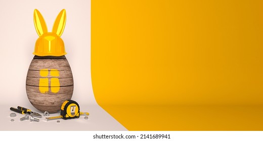 Yellow protective helmet with rabbit ears and an egg colored as a symbolic house. Creative Easter template for a construction or engineering company. 3d render.
