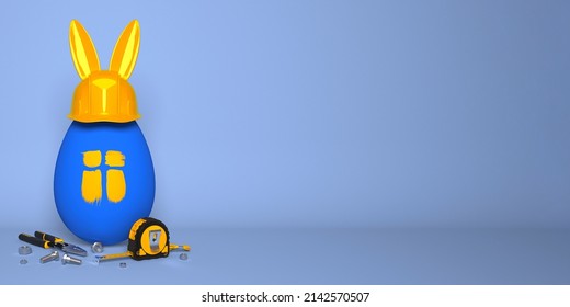 Yellow protective helmet with rabbit ears and an egg colored as a symbolic house. Creative Easter template for a construction or engineering company. 3d render. - Powered by Shutterstock