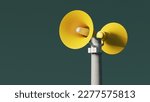 Yellow public address notification loudspeakers on a post against green background, 3d rendering. Outdoor notification megaphones for announcement or air raid alert