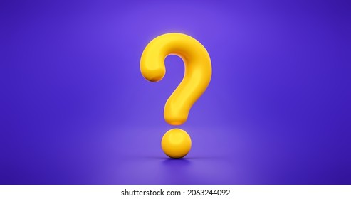 Yellow Question Mark Icon Sign Or Ask Faq Answer Solution And Information Support Illustration Business Symbol On Purple Background With Search Problem Graphic Idea Or Help Concept. 3D Rendering.