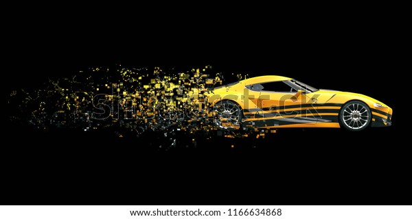 Yellow race concept car with cool black\
decal - dissolving into pixels - 3D\
Illustration