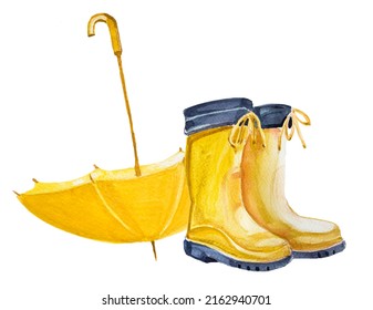 Yellow Rain Boots And Umbrella Isolated On White. Autumn Design. Fall Themed Illustration. Hello Fall Concept Boots  Clipart For Print, Poster,branding,card.