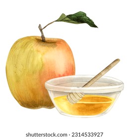 Yellow red apple and honey bowl with wooden dipper spoon watercolor illustration isolated on white background for Rosh Hashanah holiday. Jewish new year traditional food - Powered by Shutterstock