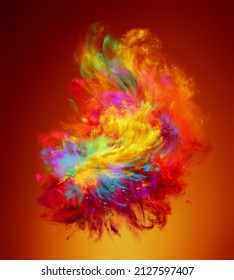 Yellow, Red, Blue And Purple Powder Explosion On Red Background. Freeze Motion Of Color Powder Exploding. 3d Illustration