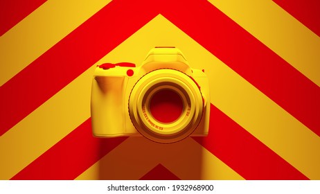Yellow Red DLSR Camera with Yellow an Red Chevron Background 3d illustration render	
