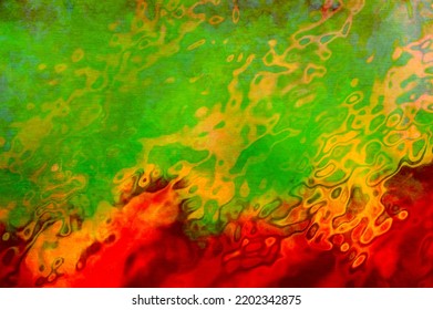 Yellow Red Green Watercolor Background With Wash Texture. Fantasy Line Wallpaper. Funny Dream Paint Design With Lighter Borders. Romantic Funky Liquid Shapes, Colorful Wavy Vivid Design