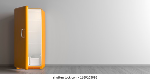 Yellow Refrigerator  Retro Fridge In An Empty Room - 3d Illustration Billboard Banner Template Mockup With Place For Text And Logo