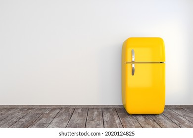 Yellow Refrigerator. Retro Fridge In An Empty Room Studio Kitchen Interior Mockup Blank White Walls As Copy Space. 3d Render