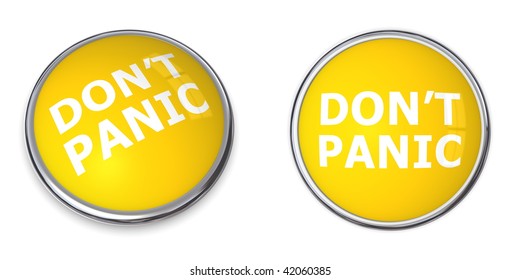 yellow rendered 3d button with white word don't panic