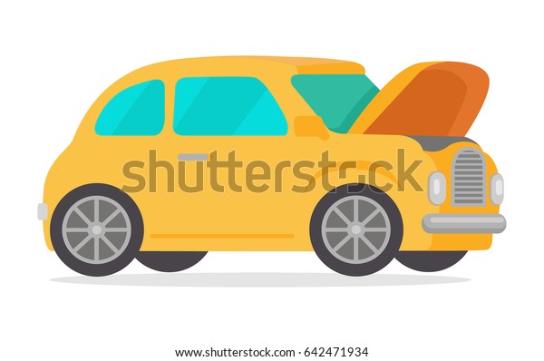 Yellow retro\
car isolated on white background. Vintage car with open hood in\
flat style. Car logo icon symbol. High quality city transport.\
Sedan automobile. Luxury high class\
sedan.