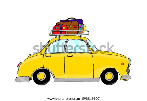 Yellow retro car with luggage, hand drawn,\
digitally colored