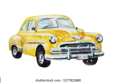 Yellow Retro Car Watercolor Drawing