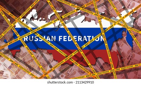 Yellow ribbons with the inscription, sanctions, wrapped around the map of the Russian Federation, painted in the colors of the flag. Economic isolation of Russia. Banknotes 5000 rubles