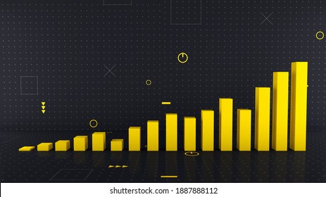 Yellow Rising Business Chart Diagram On Black Technical Background, 3d Illustration