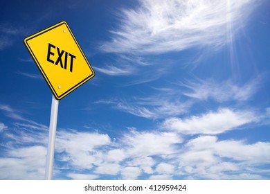 Yellow Road Sign With Exit Sign Inside On Blue Sky Background