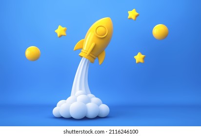 Yellow rocket, planets and stars in space on blue background. 3D rendering