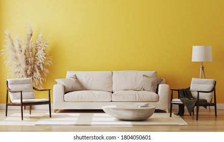 Yellow Room Interior, Living Room Interior Mockup, Empty Yellow Wall, 3d Rendering