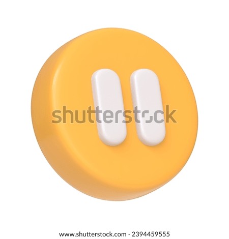 Yellow round pause button isolated on white background. 3D icon, sign and symbol. Cartoon minimal style. 3D Render Illustration