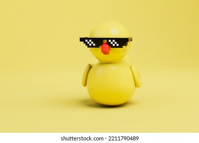 Yellow Rubber Duck In Black Pixel Glasses On A Yellow Background. 3D Render.