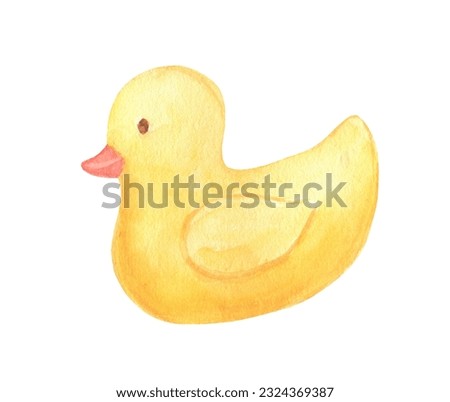 Yellow rubber duck isolated on white background. Watercolor Bath baby toy
