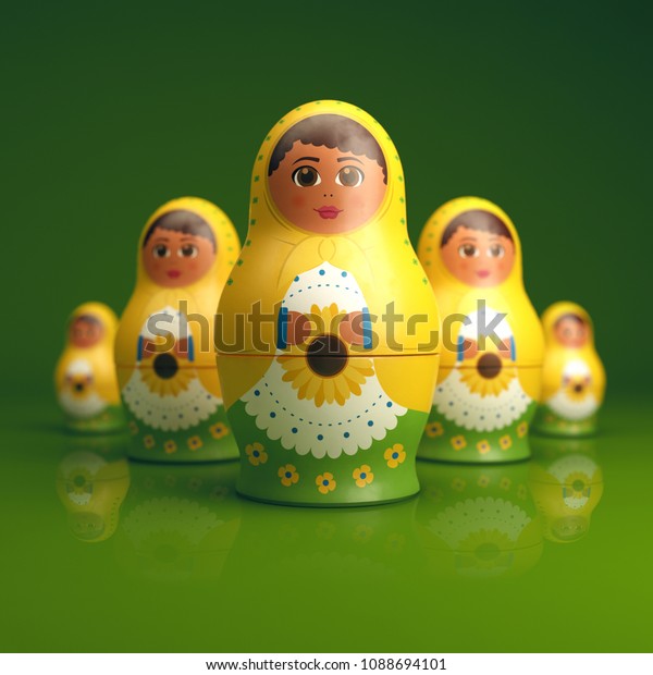 Yellow Russian Doll on green background.\
Nesting Doll Matryoshka with sunflowers. Matrioska. Symbol of\
Russia. Babushka Souvenir. 3D\
illustration.