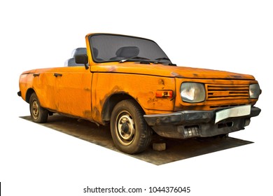 Yellow Rusty Cabriolet Car, Isolated On White Background. 