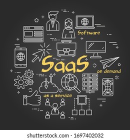 Yellow SaaS Word With White Line Icons On Black Background. Round Web Banner. Concept Of Software As A Service, Product On Demand, Internet Connection And Computer Using