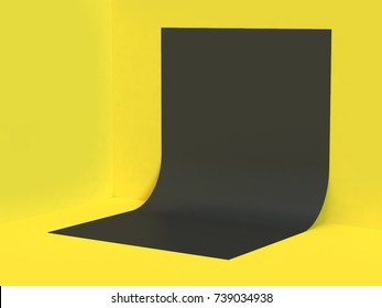 Yellow Scene Corner Wall-floor Black Paper Curve-blank Flat Shape Curve Minimal Yellow Abstract Background 3d Rendering