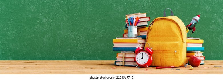 Yellow School Bag With Books And Accessory On Empty Green Chalkboard. Back To School Concept Background 3D Rendering, 3D Illustration