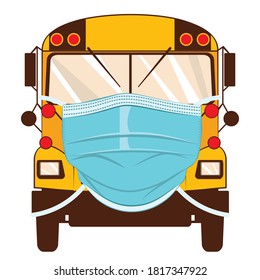 Yellow School Bus In Disposable Surgical Mask Illustration.