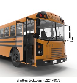 Yellow School Bus On White. Door Opened. 3D Illustration