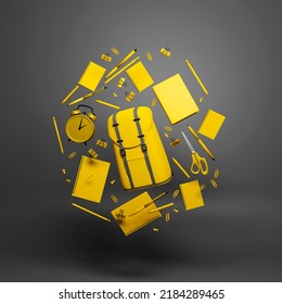 Yellow school supplies with backpack flying in circle on gray background. Pens, pencils, notebooks and an alarm clock. Back to school 3D Rendering