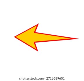 Yellow sharp left direction arrow with red outline, for navigation guidance, attention highlights, directional signs and graphic design