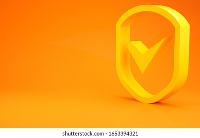 Yellow Shield with check mark icon isolated on orange background. Security, safety, protection, privacy concept. Tick mark approved. Minimalism concept. 3d illustration 3D render