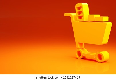 Yellow Shopping Cart And Food Icon Isolated On Orange Background. Food Store, Supermarket. Minimalism Concept. 3d Illustration 3D Render.