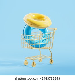 Yellow shopping cart with two swimming rings on blue background. Concept of buy beach accessories, ready for trip, tourism and vacation. 3D rendering illustration - Powered by Shutterstock