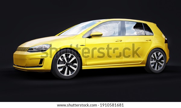 Yellow small family car hatchback on black\
background. 3d\
rendering