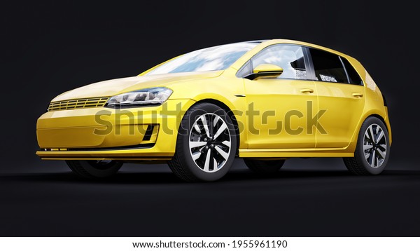 Yellow small family car hatchback on black\
background. 3d\
rendering
