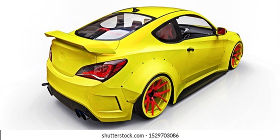 Yellow small sports car coupe. Advanced racing tuning with special parts and wheel extensions. 3d rendering.
