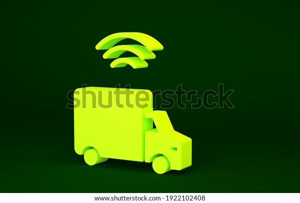 Yellow Smart delivery cargo truck vehicle with\
wireless connection icon isolated on green background. Minimalism\
concept. 3d illustration 3D\
render.