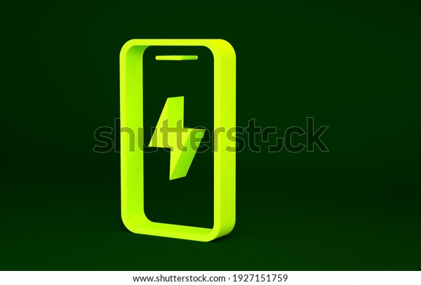 Yellow Smartphone charging\
battery icon isolated on green background. Phone with a low battery\
charge. Minimalism concept. 3d illustration 3D\
render.
