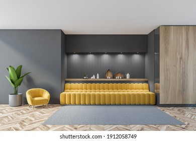 Yellow Sofa In Grey Living Room With Grey Carpet And Parquet Floor. Decoration And Backlight On The Wall, Yellow Armchair, 3D Rendering No People