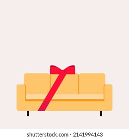 The yellow sofa is wrapped in a gift bow. Sofa gift. Illustration