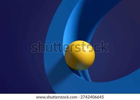 Yellow sphere balancing on a dynamically shaped blue curve, creating an abstract and minimalist composition with soft shadows. Motion, equilibrium, movement or stability.