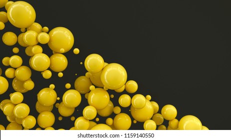 Yellow spheres of random size on black background. Abstract background with circles. Cloud of circles in front of wall. 3D rendering illustration