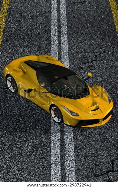 yellow Sports Car on street\
top view