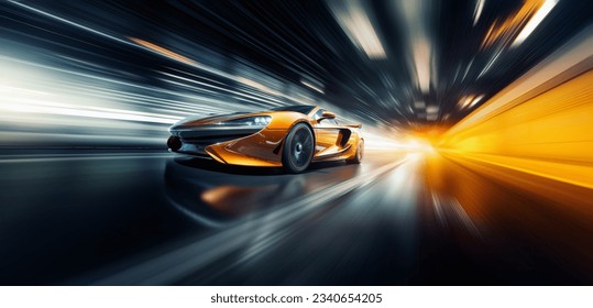 Yellow sports car riding on highway road. Car in fast motion. Fast moving supercar on the street. 3d illustration Ilustrasi Stok